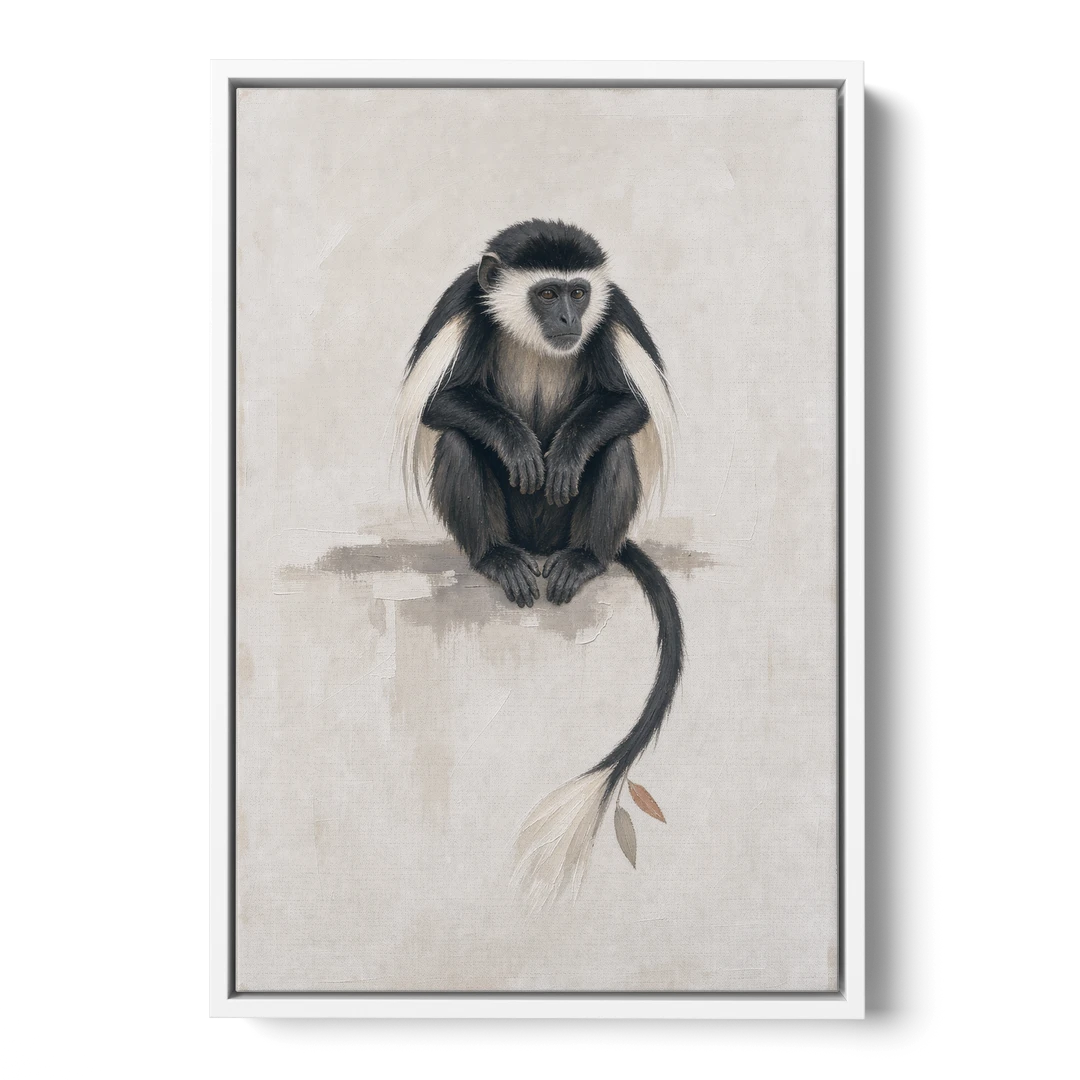 Contemporary Nursery Wall Art with a Colobus Monkey - White Framed Canvas Wall Art - Front