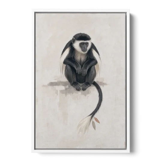 Contemporary Nursery Wall Art with a Colobus Monkey - White Framed Canvas Wall Art - Front