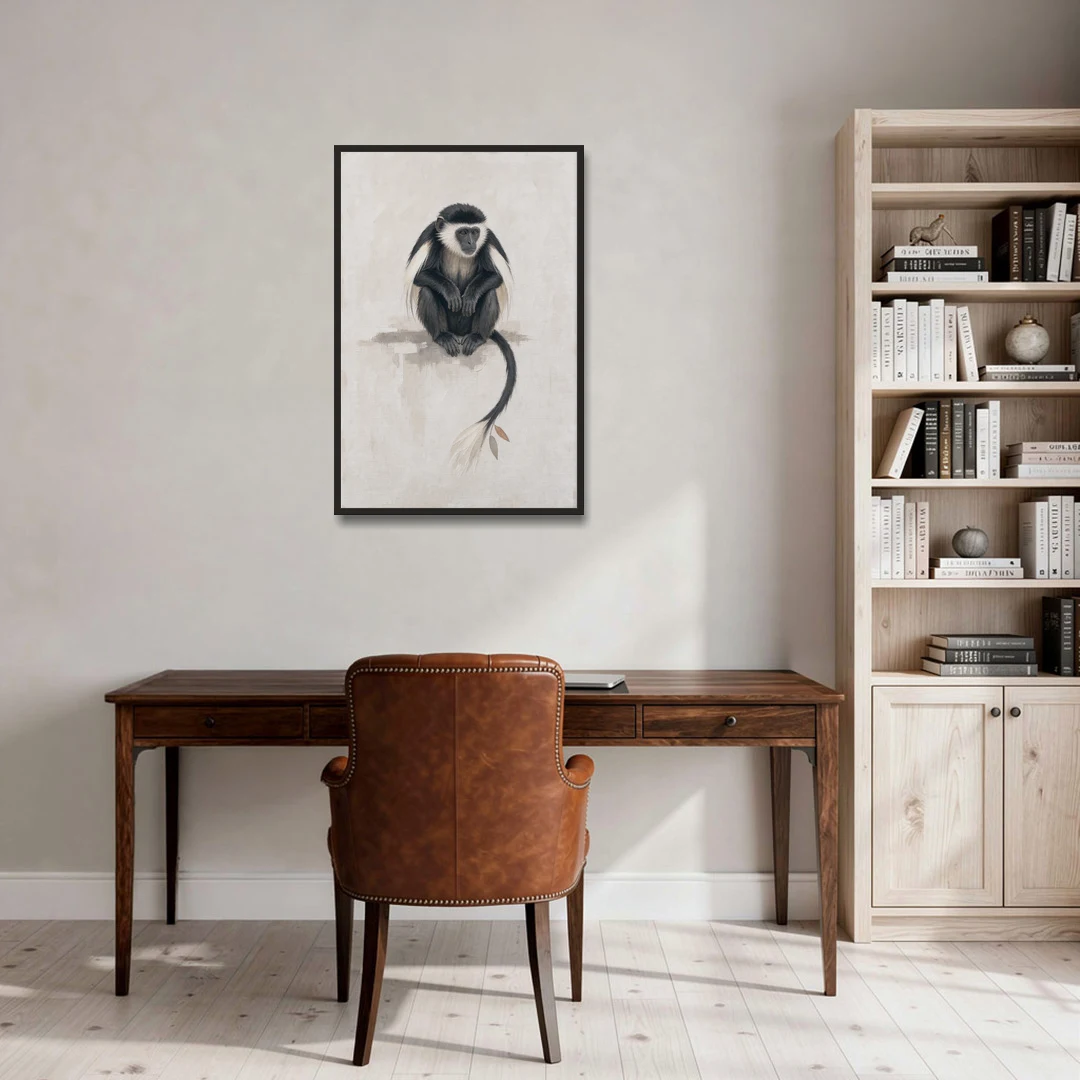 Contemporary Nursery Wall Art with a Colobus Monkey - Black Framed Canvas Wall Art - Office - 24x36