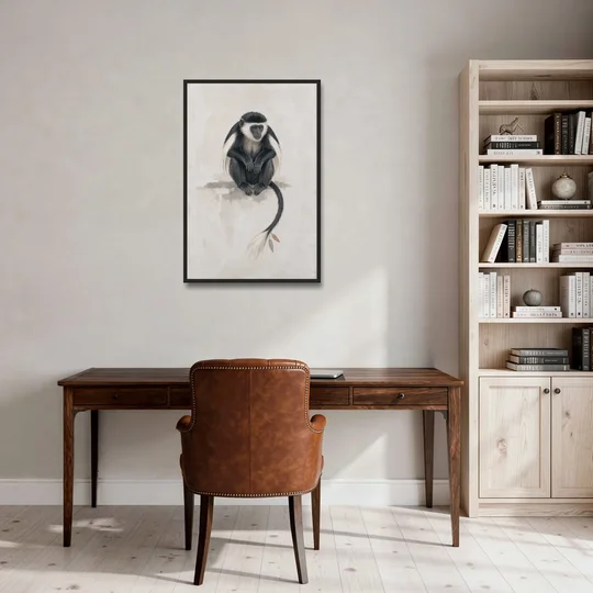 Contemporary Nursery Wall Art with a Colobus Monkey - Black Framed Canvas Wall Art - Office - 24x36