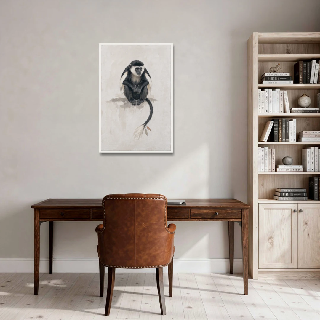 Contemporary Nursery Wall Art with a Colobus Monkey - White Framed Canvas Wall Art - Office - 24x36
