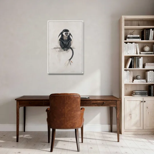Contemporary Nursery Wall Art with a Colobus Monkey - White Framed Canvas Wall Art - Office - 24x36