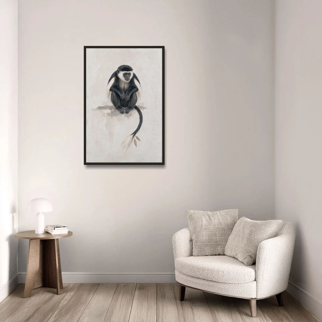 Contemporary Nursery Wall Art with a Colobus Monkey - Black Framed Canvas Wall Art - Sofa - 24x36