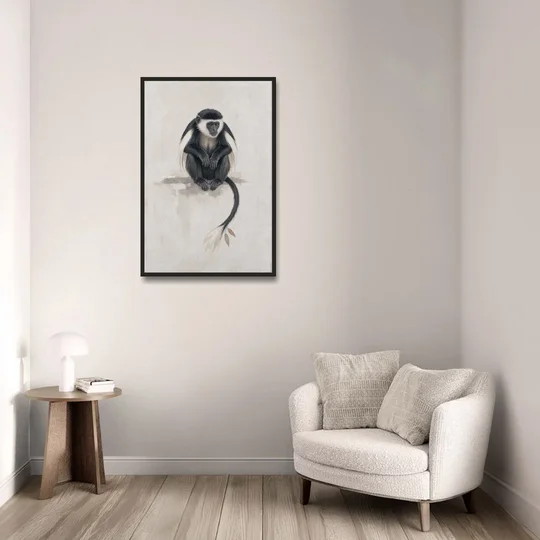 Contemporary Nursery Wall Art with a Colobus Monkey - Black Framed Canvas Wall Art - Sofa - 24x36
