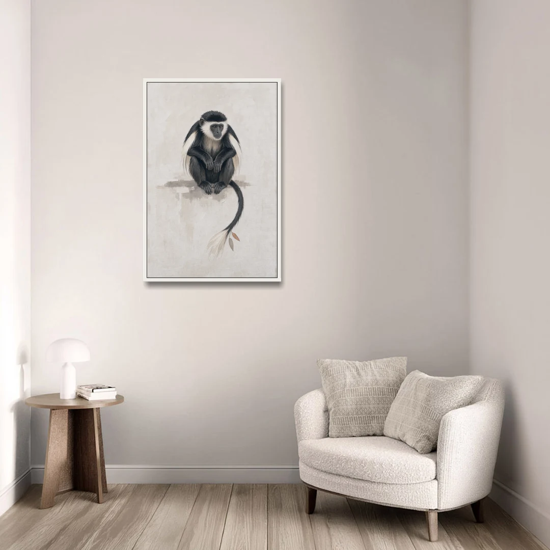 Contemporary Nursery Wall Art with a Colobus Monkey - White Framed Canvas Wall Art - Sofa - 24x36