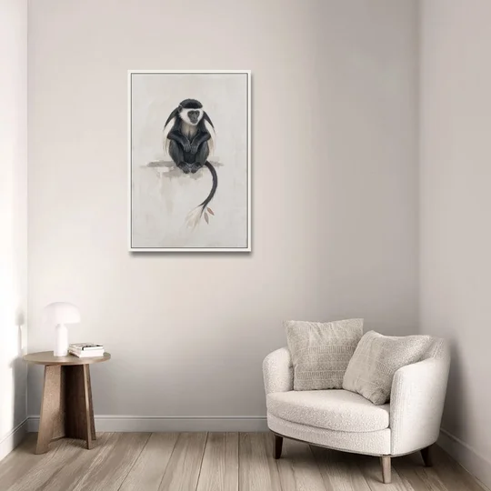 Contemporary Nursery Wall Art with a Colobus Monkey - White Framed Canvas Wall Art - Sofa - 24x36