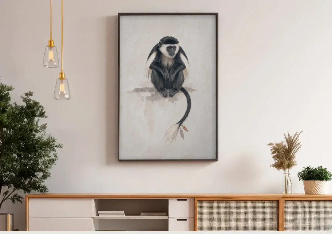 Contemporary Nursery Wall Art with a Colobus Monkey canvas wall art above a wooden sideboard under pendant lights