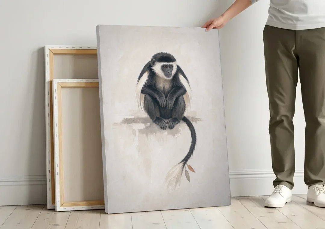 Contemporary Nursery Wall Art with a Colobus Monkey canvas wall art leaning against a wall next to blank canvases