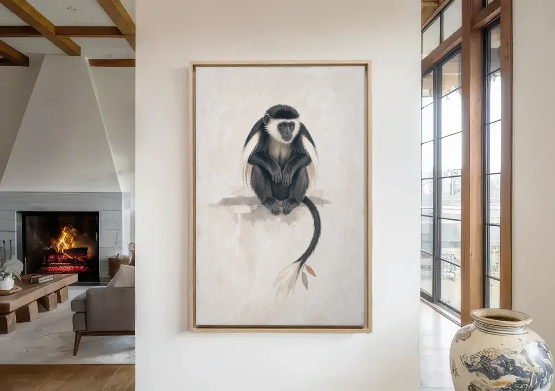 Contemporary Nursery Wall Art with a Colobus Monkey canvas wall art in a living room with a fireplace