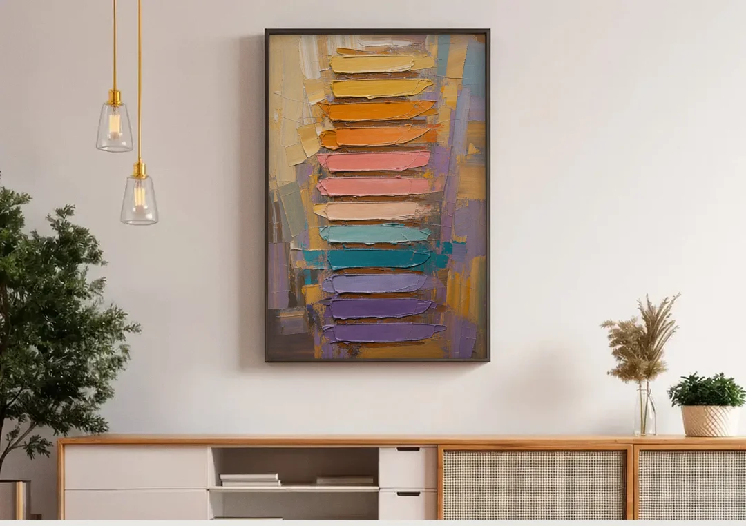 Contemporary Pastel Knife Ladder canvas wall art above a wooden sideboard under pendant lights
