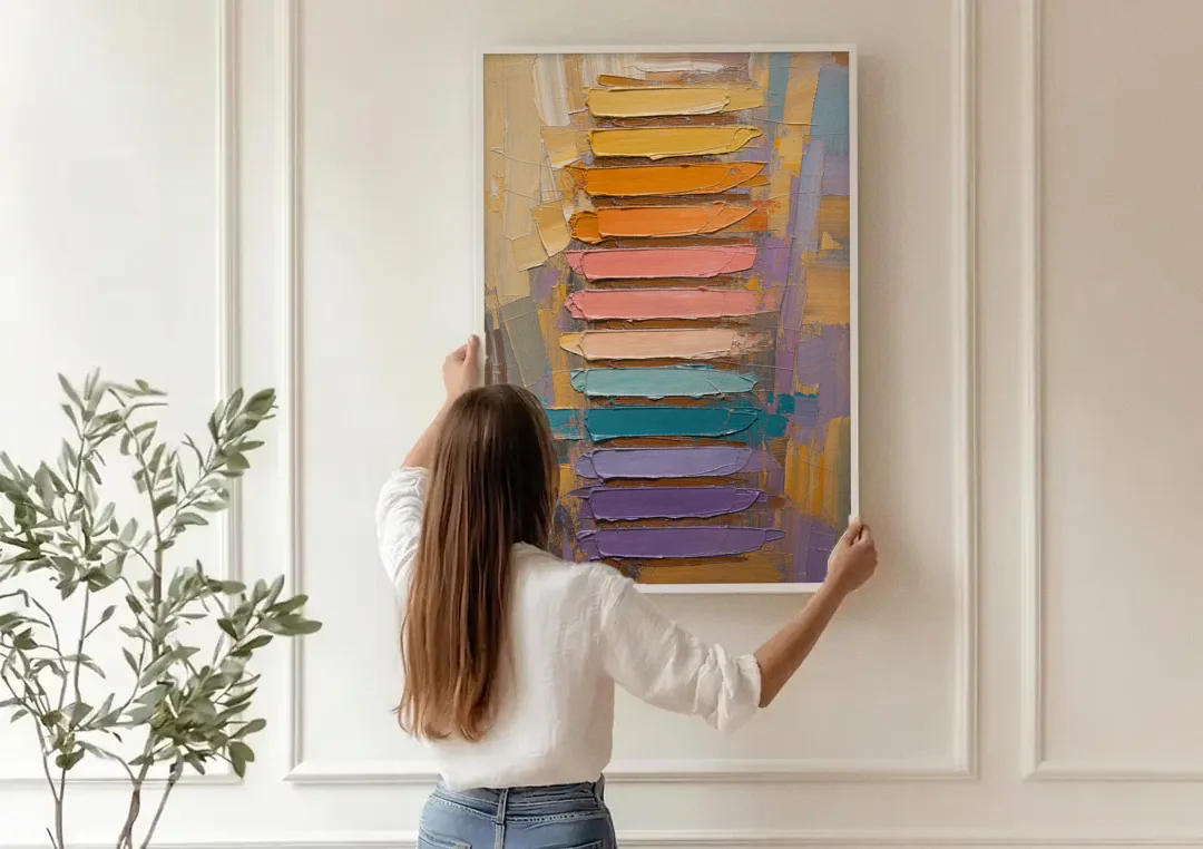 Contemporary Pastel Knife Ladder canvas wall art being hung on a paneled wall