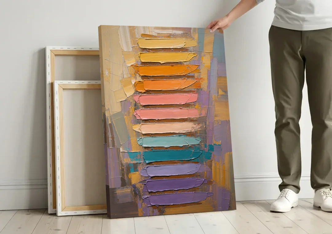 Contemporary Pastel Knife Ladder canvas wall art leaning against a wall next to blank canvases
