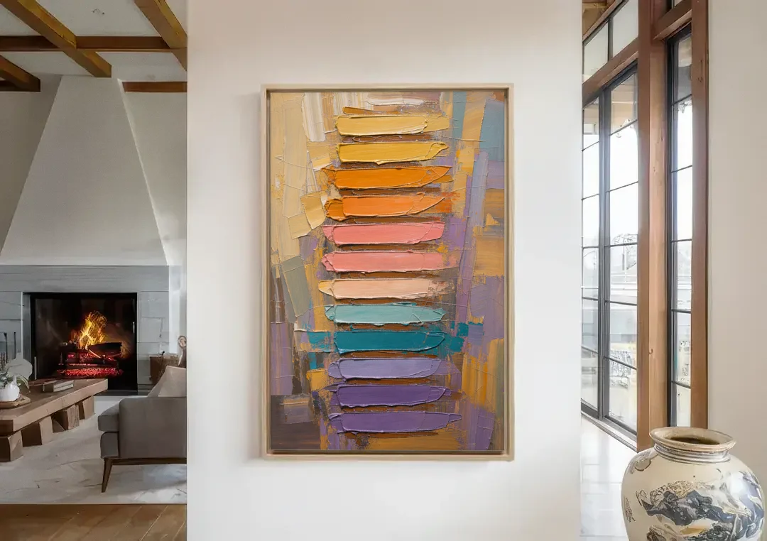 Contemporary Pastel Knife Ladder canvas wall art in a living room with a fireplace