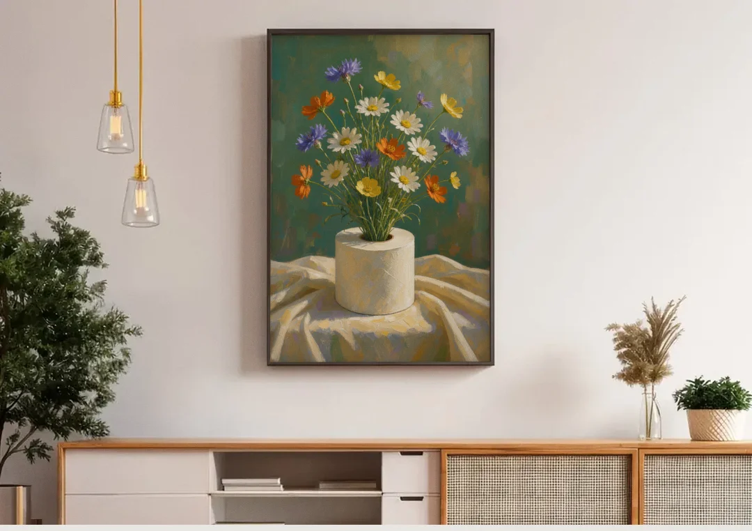 Contemporary Still Life Painting of Wildflowers in a Roll canvas wall art above a wooden sideboard under pendant lights