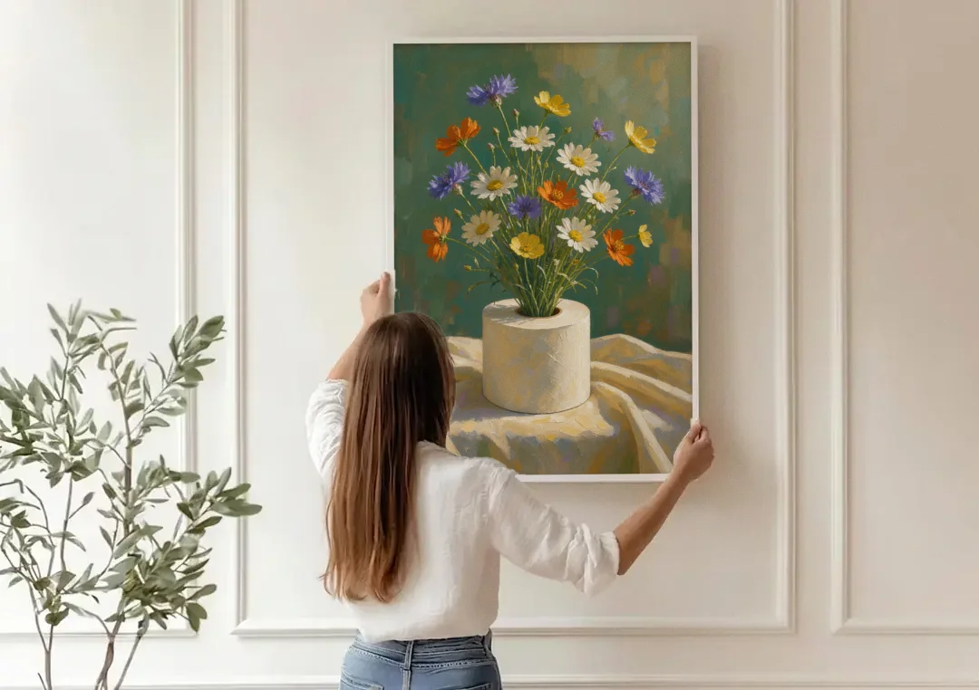 Contemporary Still Life Painting of Wildflowers in a Roll canvas wall art being hung on a paneled wall