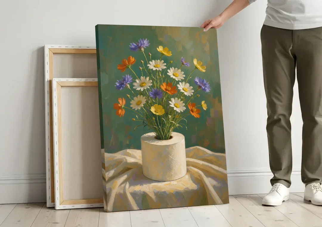 Contemporary Still Life Painting of Wildflowers in a Roll canvas wall art leaning against a wall next to blank canvases