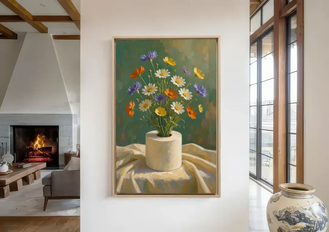Contemporary Still Life Painting of Wildflowers in a Roll canvas wall art in a living room with a fireplace