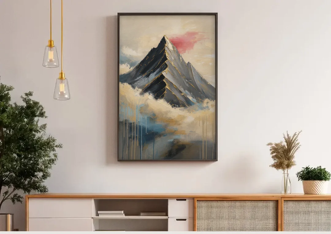 Contemporary Wall Art Black Peak Above Ivory Clouds canvas wall art above a wooden sideboard under pendant lights