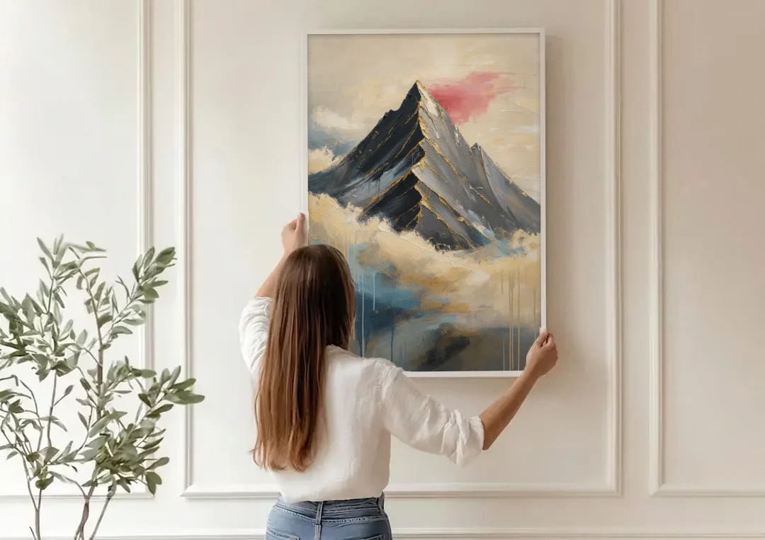 Contemporary Wall Art Black Peak Above Ivory Clouds canvas wall art being hung on a paneled wall