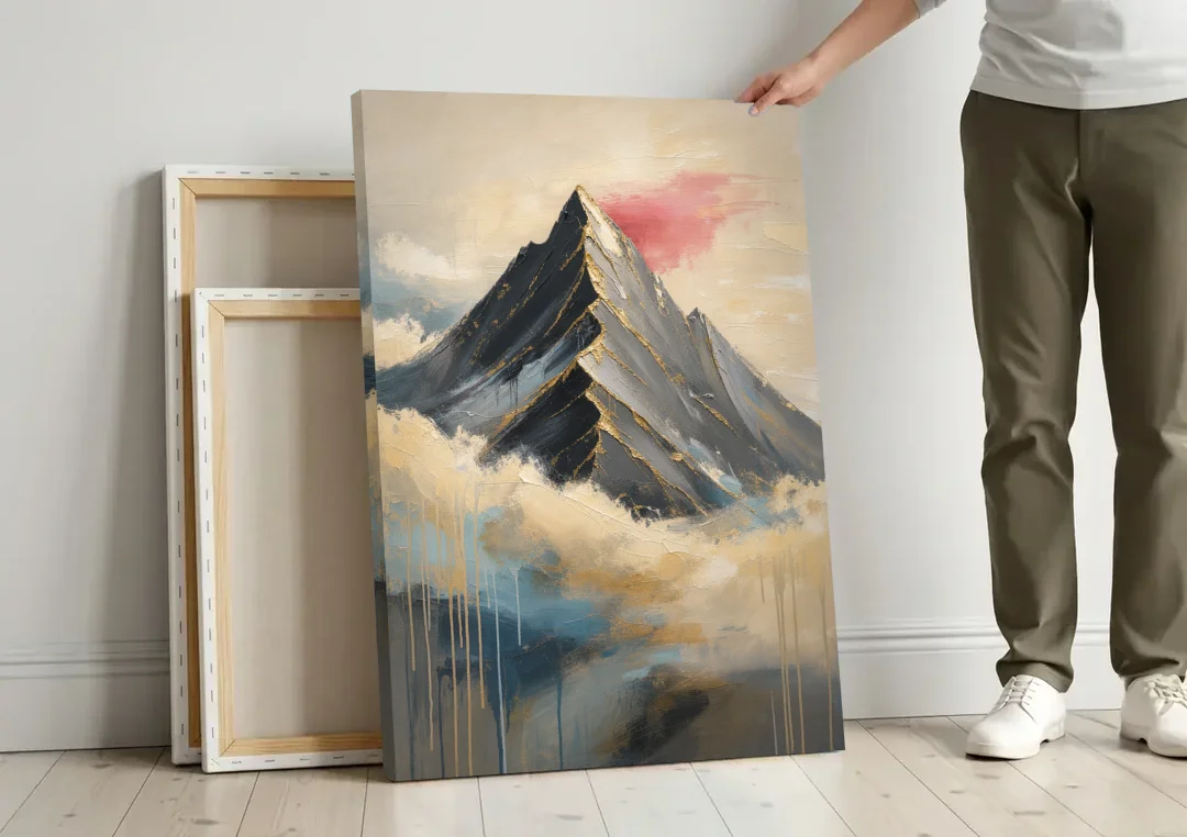 Contemporary Wall Art Black Peak Above Ivory Clouds canvas wall art leaning against a wall next to blank canvases