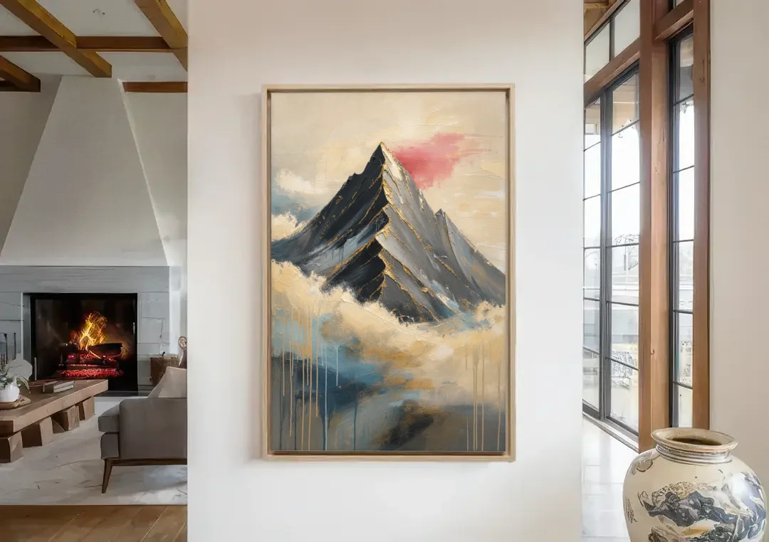 Contemporary Wall Art Black Peak Above Ivory Clouds canvas wall art in a living room with a fireplace