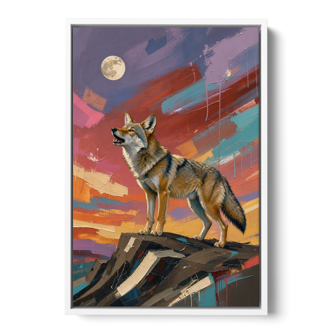 Contemporary Western Art Coyote Howling at the Moon - White Framed Canvas Wall Art - Front