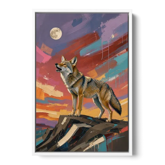 Contemporary Western Art Coyote Howling at the Moon - White Framed Canvas Wall Art - Front