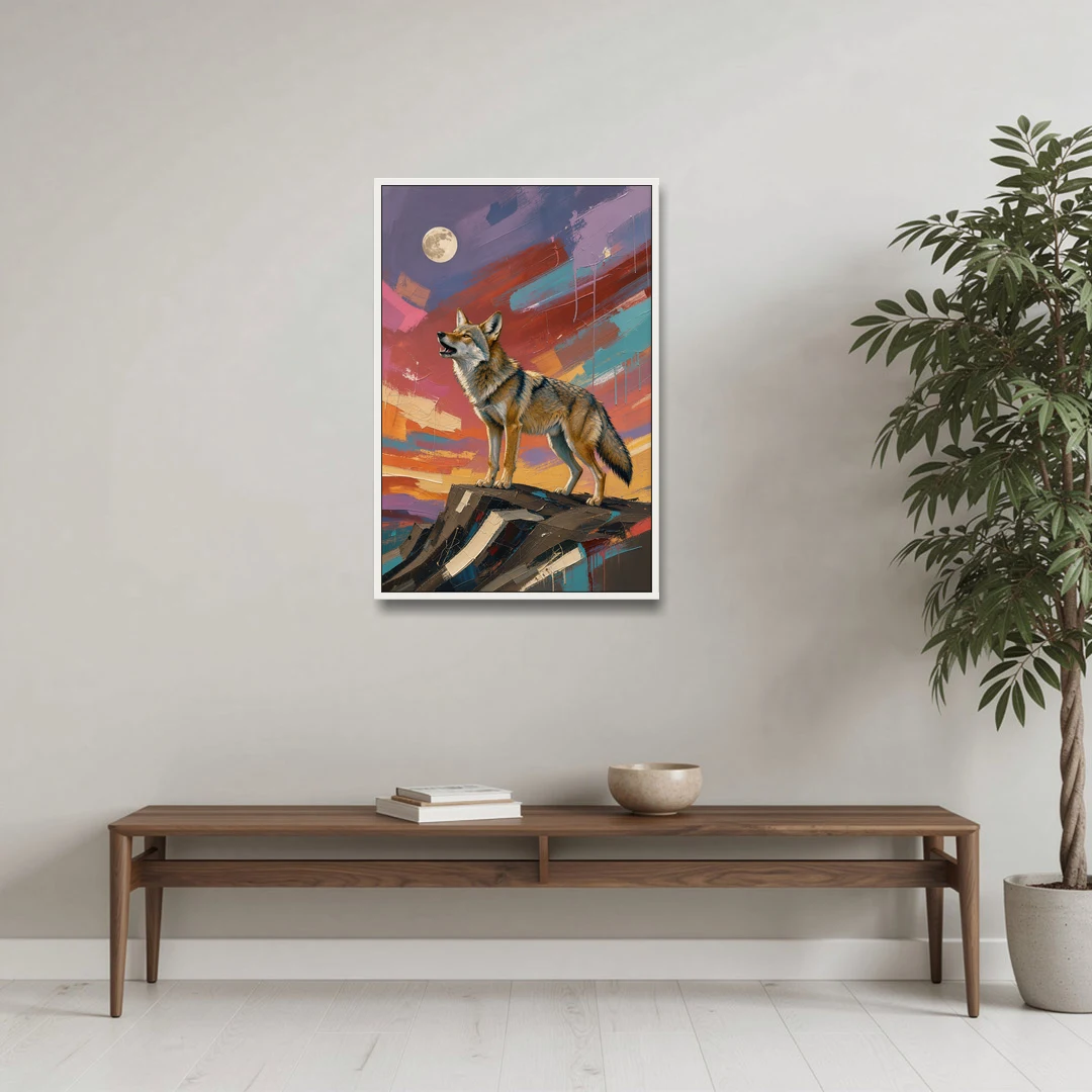 Contemporary Western Art Coyote Howling at the Moon - White Framed Canvas Wall Art - Coffee Table - 24x36