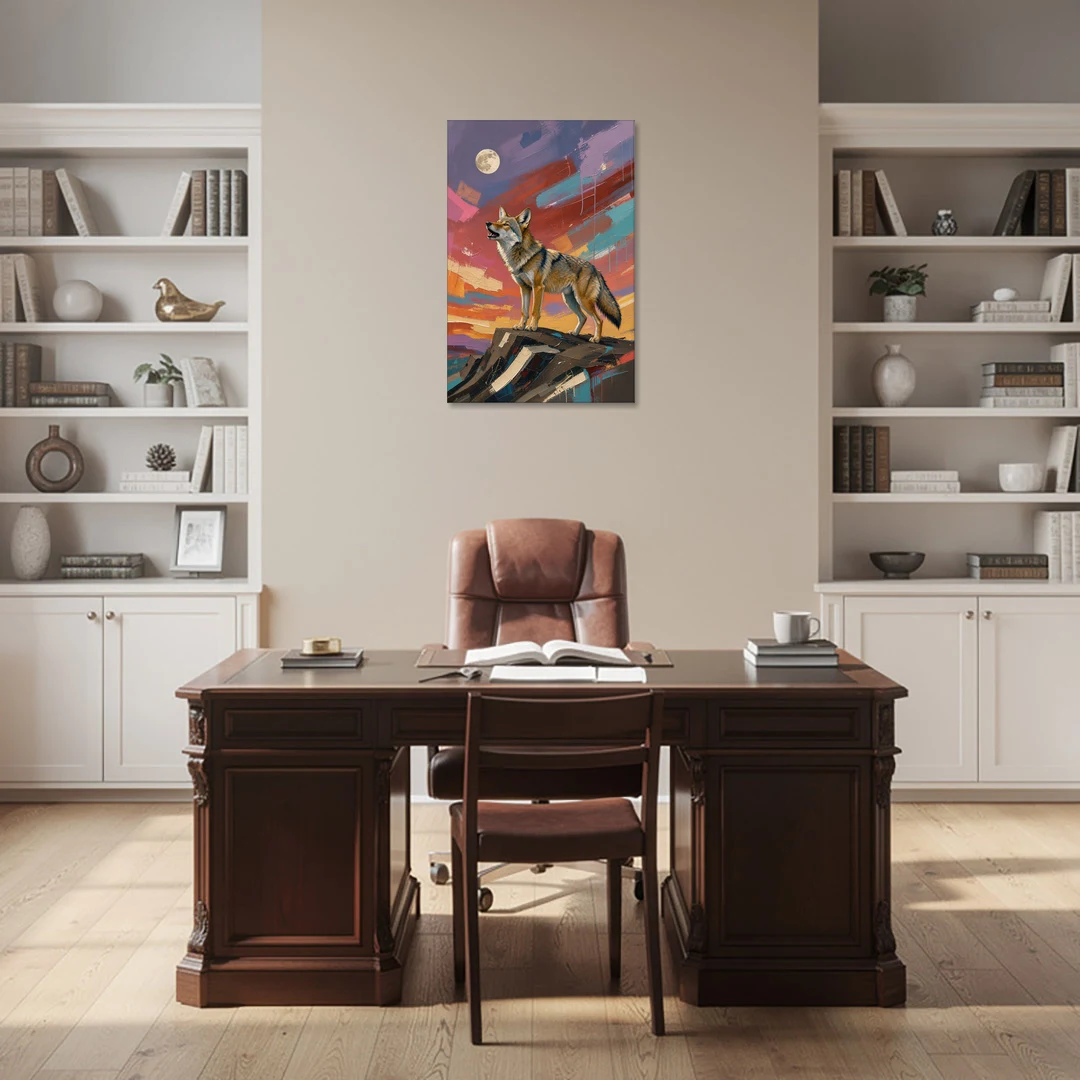 Contemporary Western Art Coyote Howling at the Moon - Canvas Wall Art - Office - 24x36