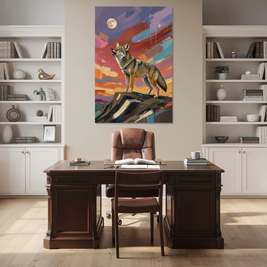 Contemporary Western Art Coyote Howling at the Moon - Canvas Wall Art - Office - 40x60