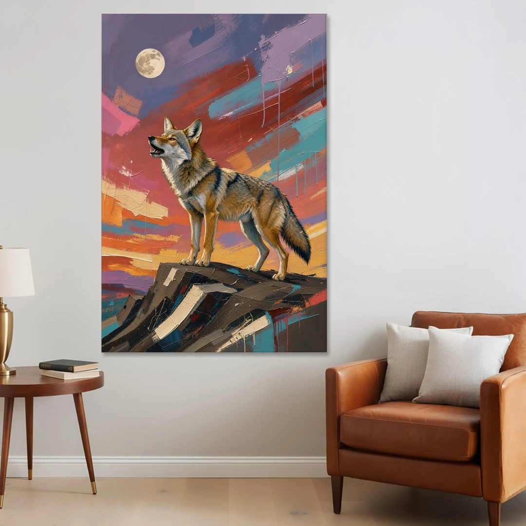Contemporary Western Art Coyote Howling at the Moon - Canvas Wall Art - Sofa - 40x60