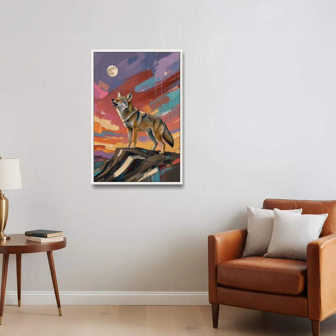 Contemporary Western Art Coyote Howling at the Moon - White Framed Canvas Wall Art - Sofa - 24x36