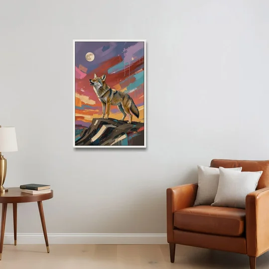 Contemporary Western Art Coyote Howling at the Moon - White Framed Canvas Wall Art - Sofa - 24x36