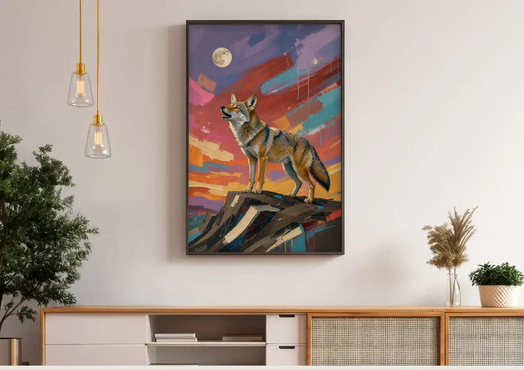 Contemporary Western Art Coyote Howling at the Moon canvas wall art above a wooden sideboard under pendant lights