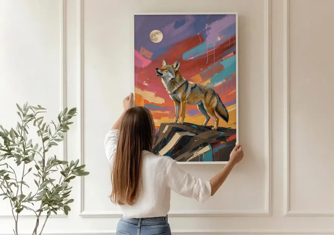 Contemporary Western Art Coyote Howling at the Moon canvas wall art being hung on a paneled wall