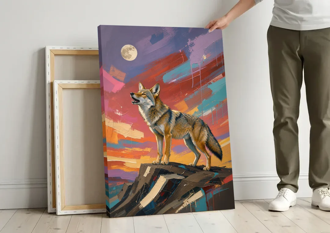 Contemporary Western Art Coyote Howling at the Moon canvas wall art leaning against a wall next to blank canvases