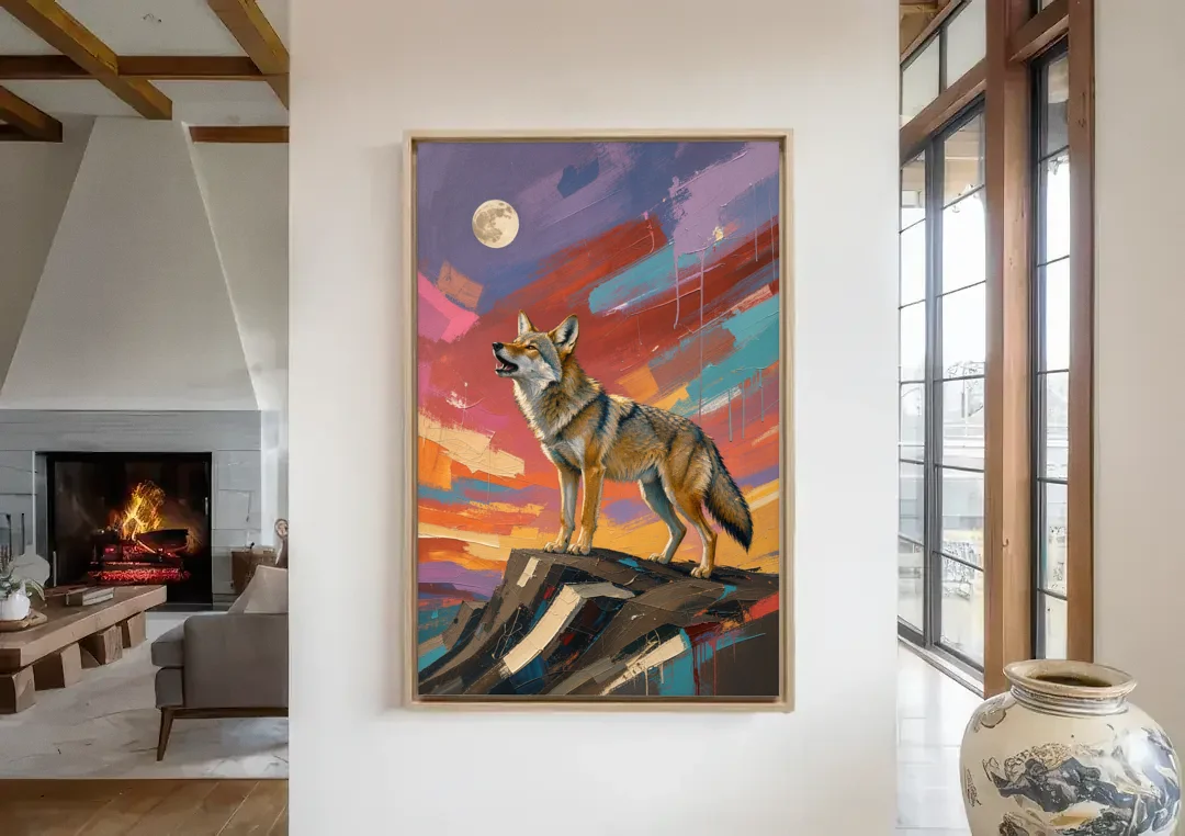Contemporary Western Art Coyote Howling at the Moon canvas wall art in a living room with a fireplace
