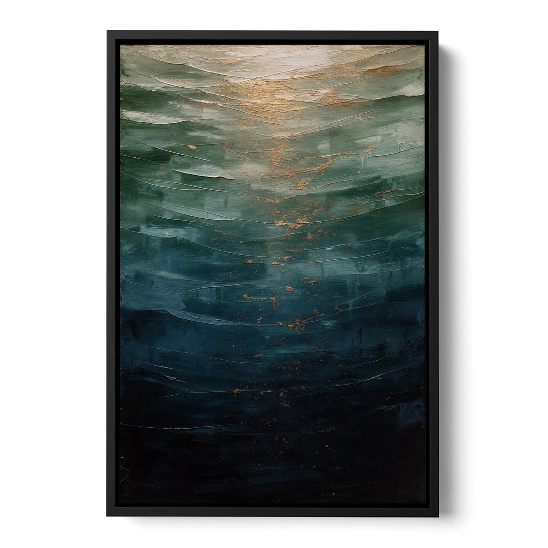 Copper Light Sinking Through Green Water for a Masculine Bedroom - Black Framed Canvas Wall Art - Front
