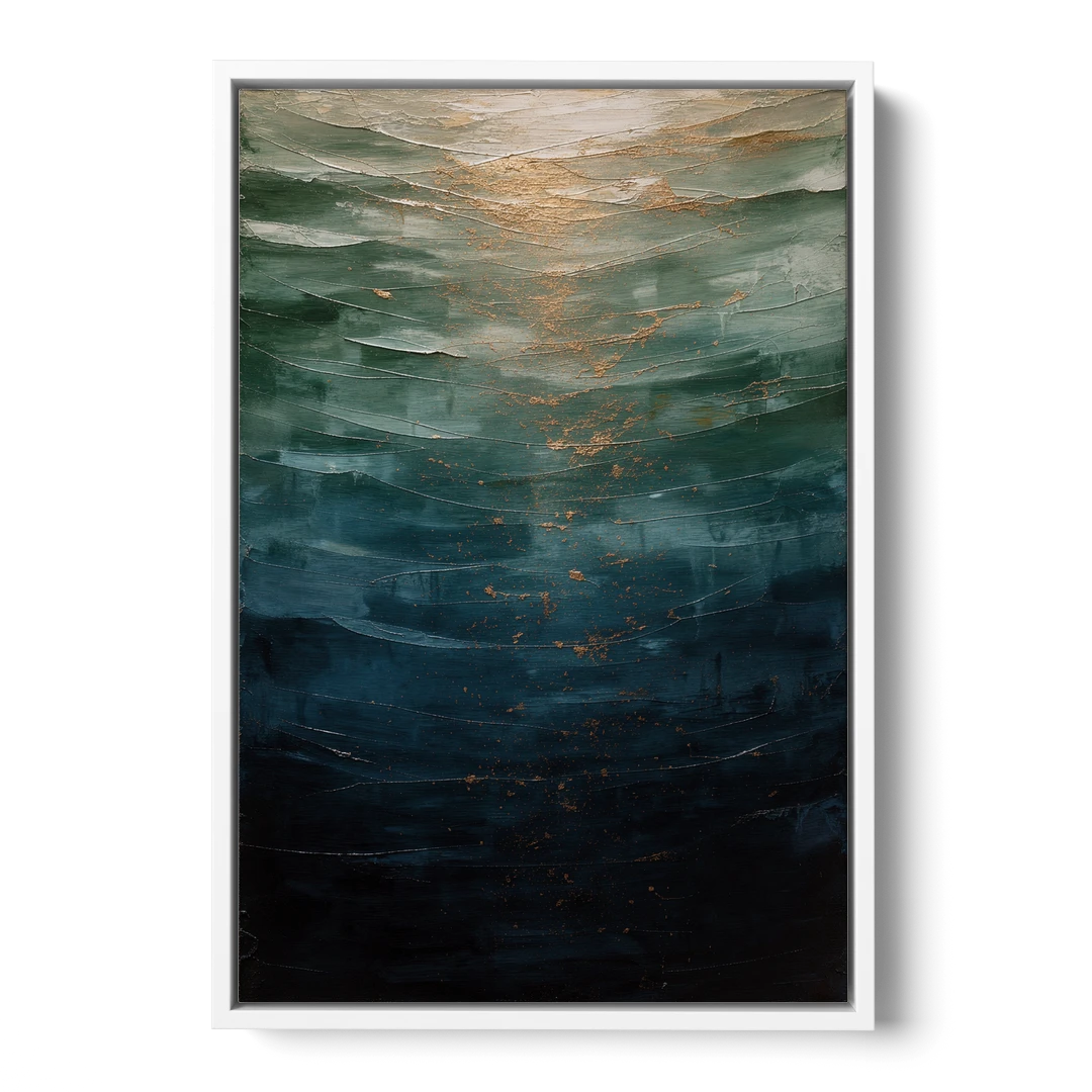 Copper Light Sinking Through Green Water for a Masculine Bedroom - White Framed Canvas Wall Art - Front