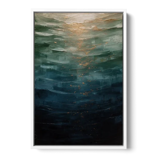 Copper Light Sinking Through Green Water for a Masculine Bedroom - White Framed Canvas Wall Art - Front
