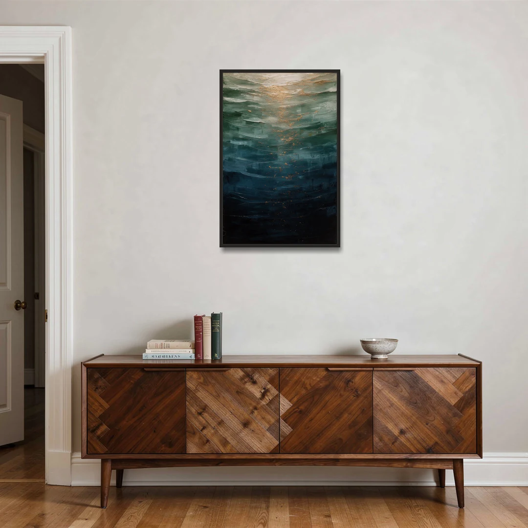 Copper Light Sinking Through Green Water for a Masculine Bedroom - Black Framed Canvas Wall Art - Coffee Table - 24x36