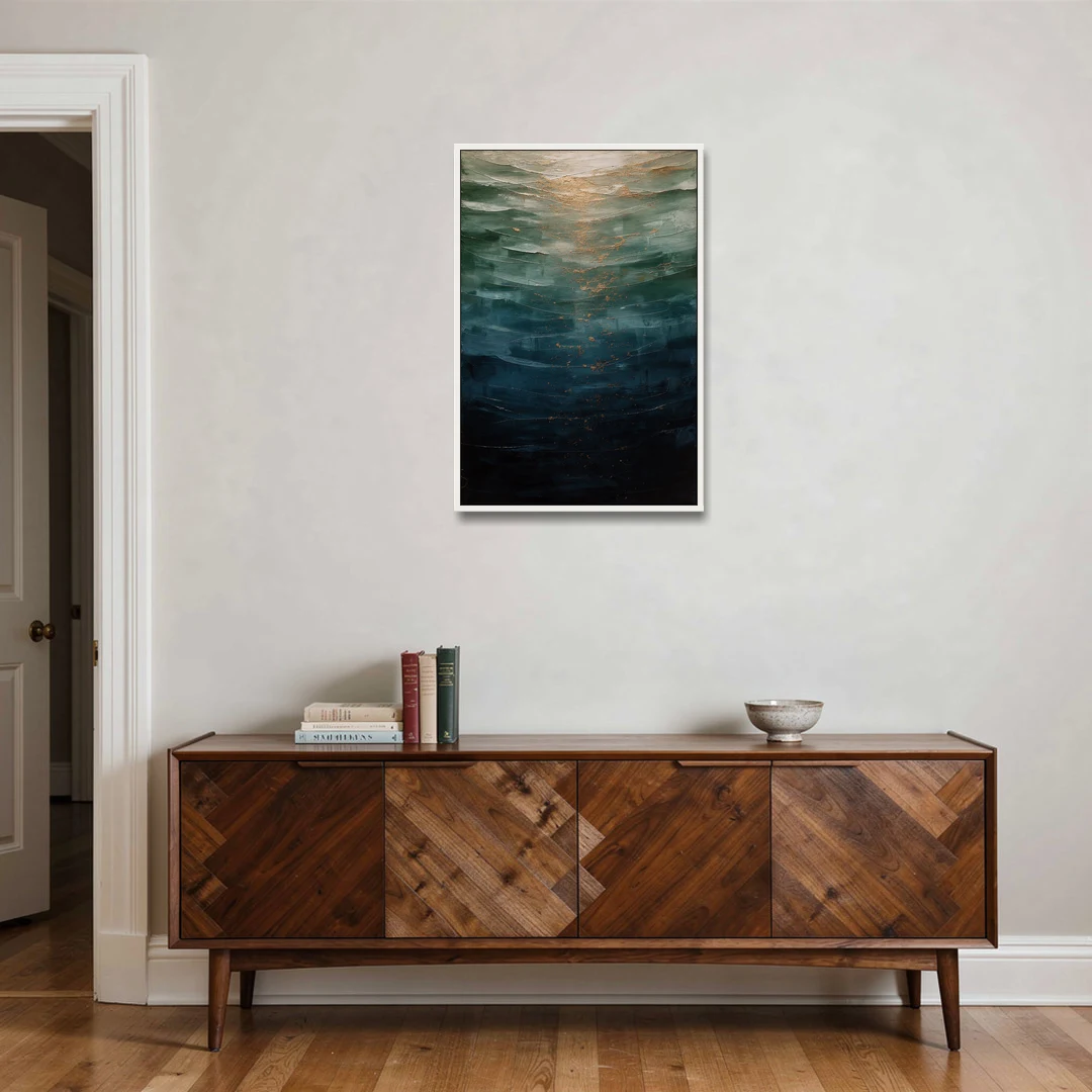 Copper Light Sinking Through Green Water for a Masculine Bedroom - White Framed Canvas Wall Art - Coffee Table - 24x36