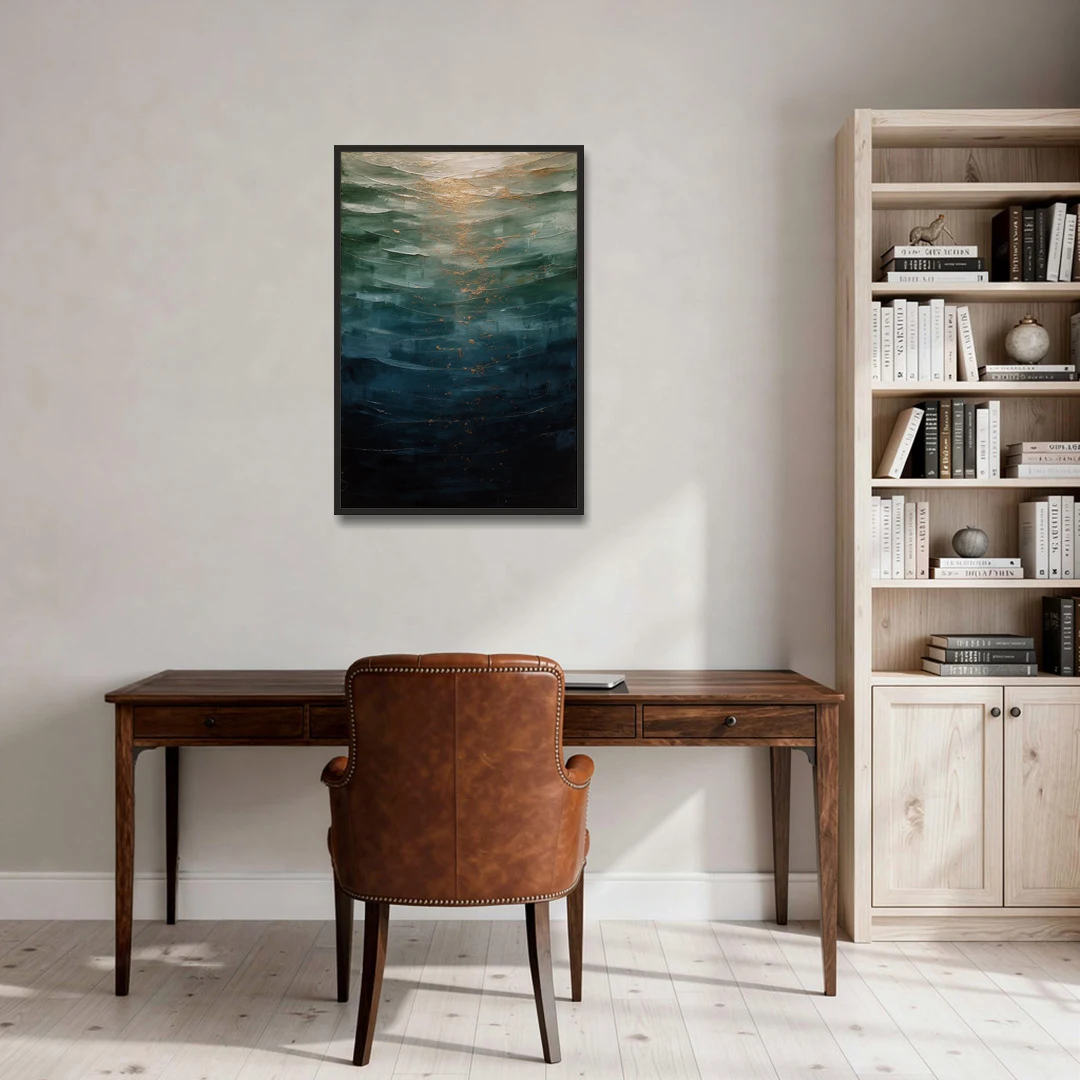Copper Light Sinking Through Green Water for a Masculine Bedroom - Black Framed Canvas Wall Art - Office - 24x36