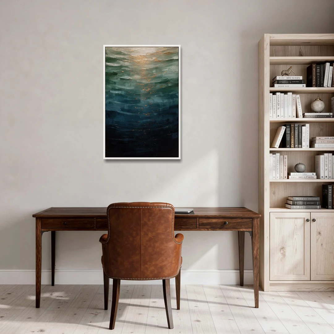 Copper Light Sinking Through Green Water for a Masculine Bedroom - White Framed Canvas Wall Art - Office - 24x36