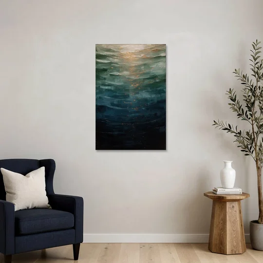 Copper Light Sinking Through Green Water for a Masculine Bedroom - Canvas Wall Art - Sofa - 24x36