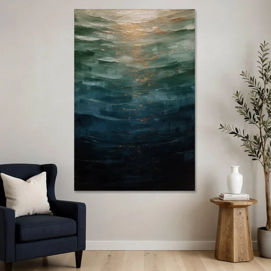 Copper Light Sinking Through Green Water for a Masculine Bedroom - Canvas Wall Art - Sofa - 40x60