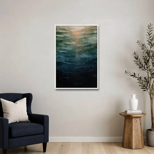 Copper Light Sinking Through Green Water for a Masculine Bedroom - White Framed Canvas Wall Art - Sofa - 24x36