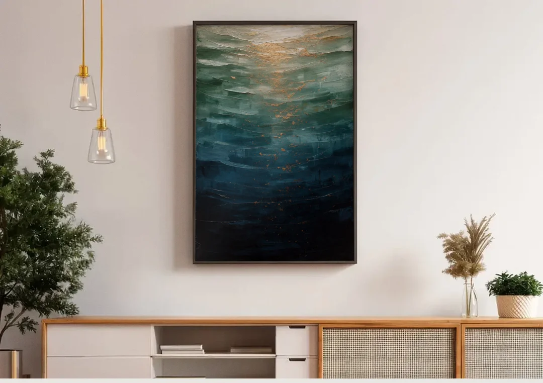 Copper Light Sinking Through Green Water for a Masculine Bedroom canvas wall art above a wooden sideboard under pendant lights