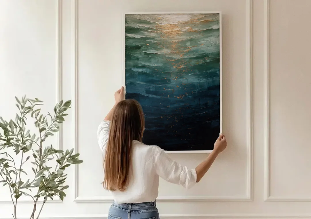 Copper Light Sinking Through Green Water for a Masculine Bedroom canvas wall art being hung on a paneled wall
