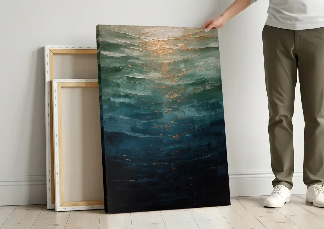 Copper Light Sinking Through Green Water for a Masculine Bedroom canvas wall art leaning against a wall next to blank canvases